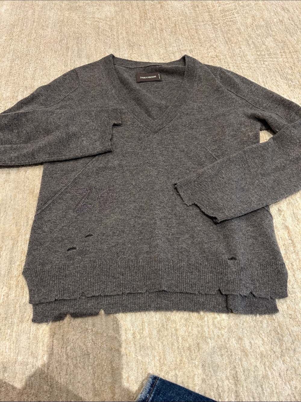 Zadig & Voltaire Dark Gray Distressed V-Neck Sweater